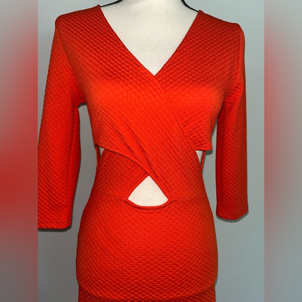 3/4 Sleeve Orange Cutout Bodycon Dress